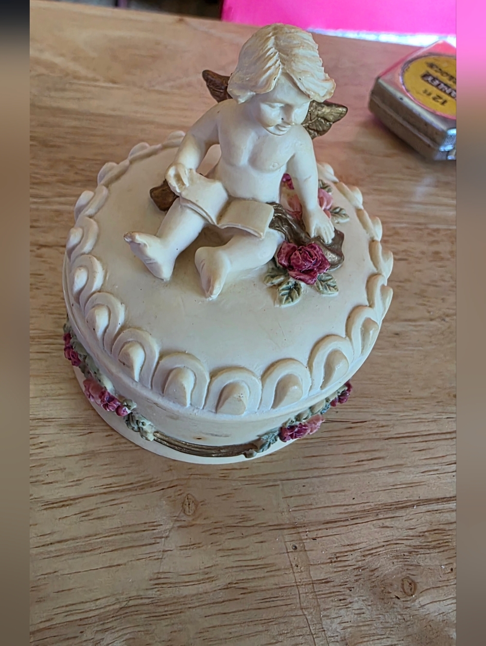 Vintage Dezine Handpainted Ivory Angel Trinket Box with Pink Rose Accents